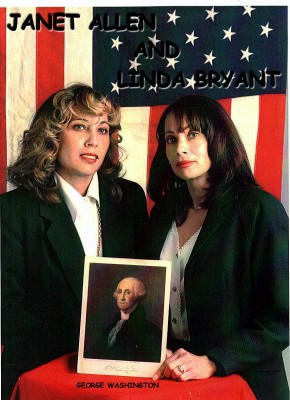 Sisters posing with photo of George Washington